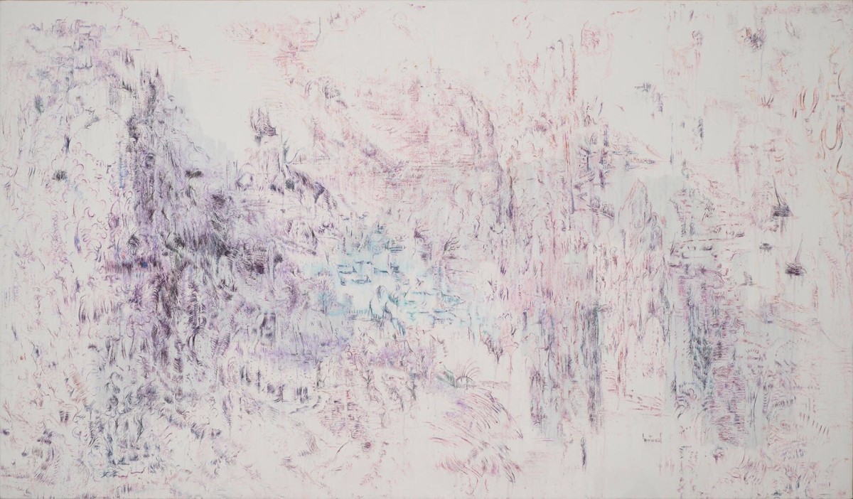 梁伟，《现在或以后》，布面丙烯、水墨、水溶笔，119 x 200 cm，2016。图片：致谢魔金石空间 