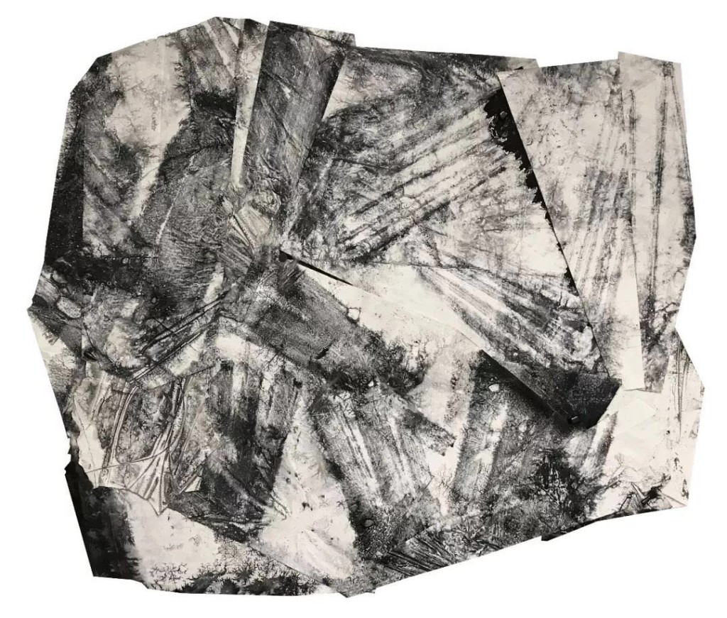 郑重宾，《未知的成形》，墨、丙烯、宣纸、尼龙、铝板，179 x 205 cm，2018。图片：致谢墨斋 