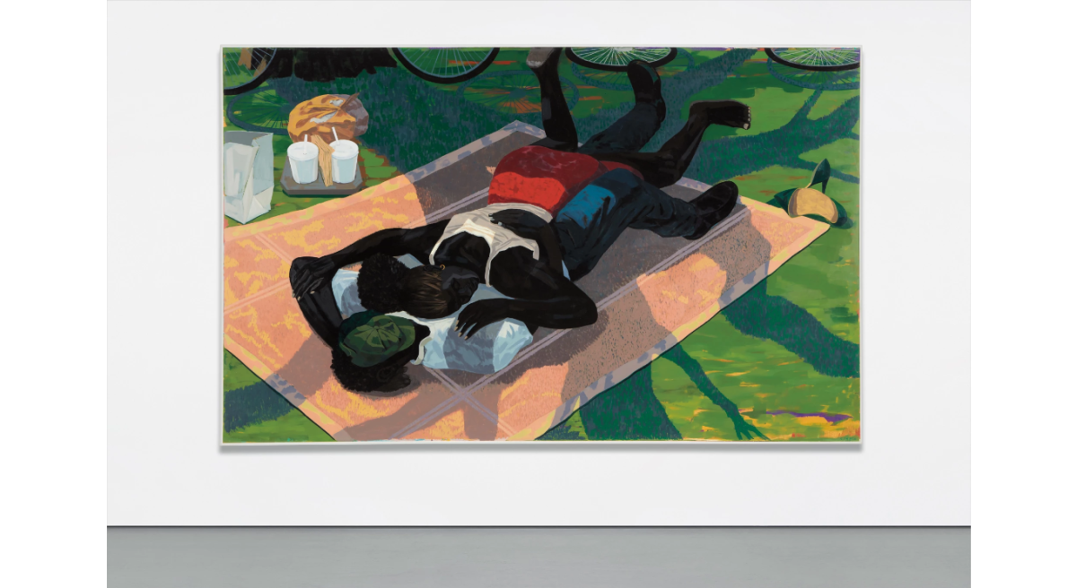 在2018年5月17日纽约富艺斯二十世纪及当代艺术晚间拍卖专场中克里·詹姆斯·马歇尔一幅于2014创作的《无题（毯子上的夫妇）》（Untitled（Blanket Couple） ）以含佣金433.5万美元出售。图片：致谢富艺斯 