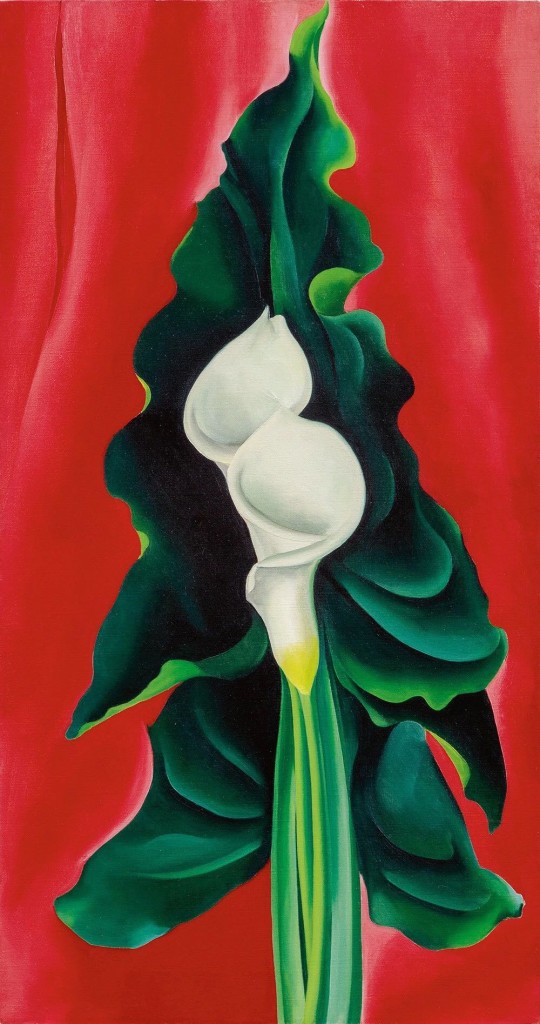 乔治娅·奥基夫，《Calla Lillies on Red》，1928。图片：© 2018 The Georgia O'Keeffe Museum/ Artists Rights Society (ARS), NY. Courtesy of Sotheby's