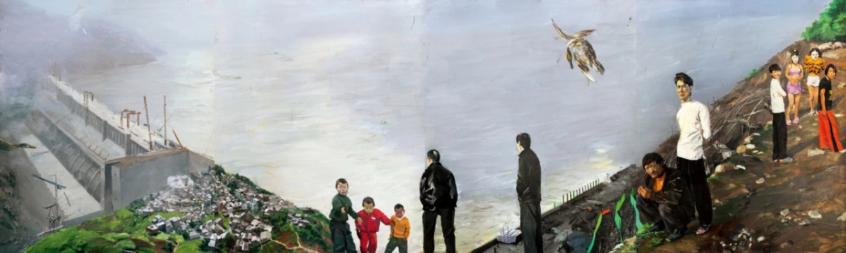 刘小东（b. 1963），《三峡新移民》（四联作），2004年，布面油画，300×250cm×4，签名：小东 2004（左下）