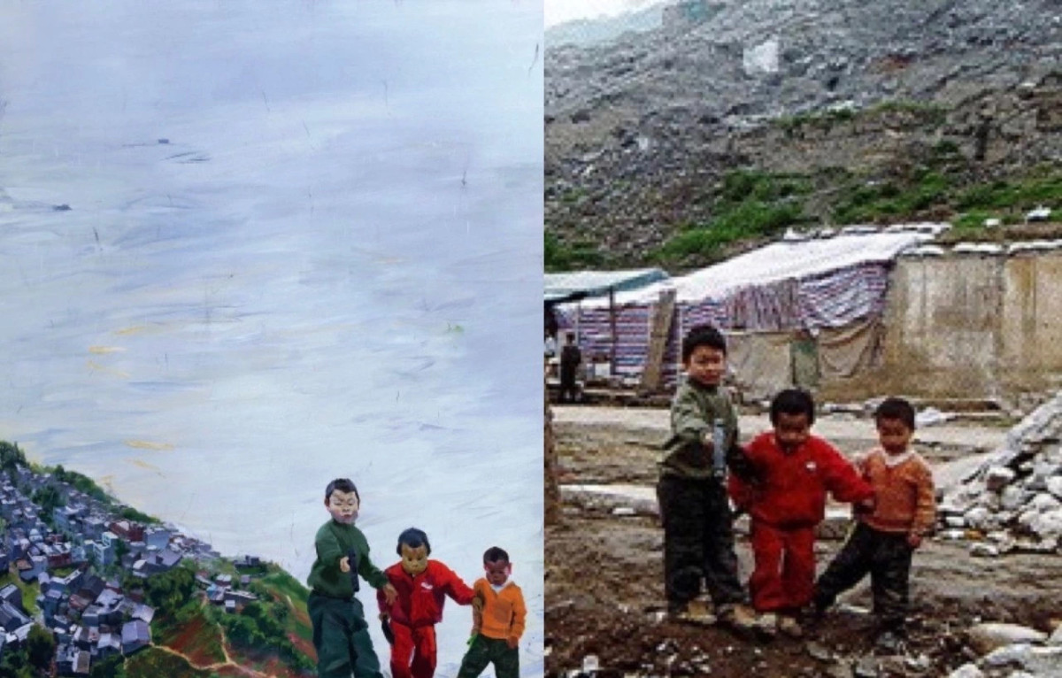（左）《三峡新移民》细节；（右）三个当地儿童，刘小东摄