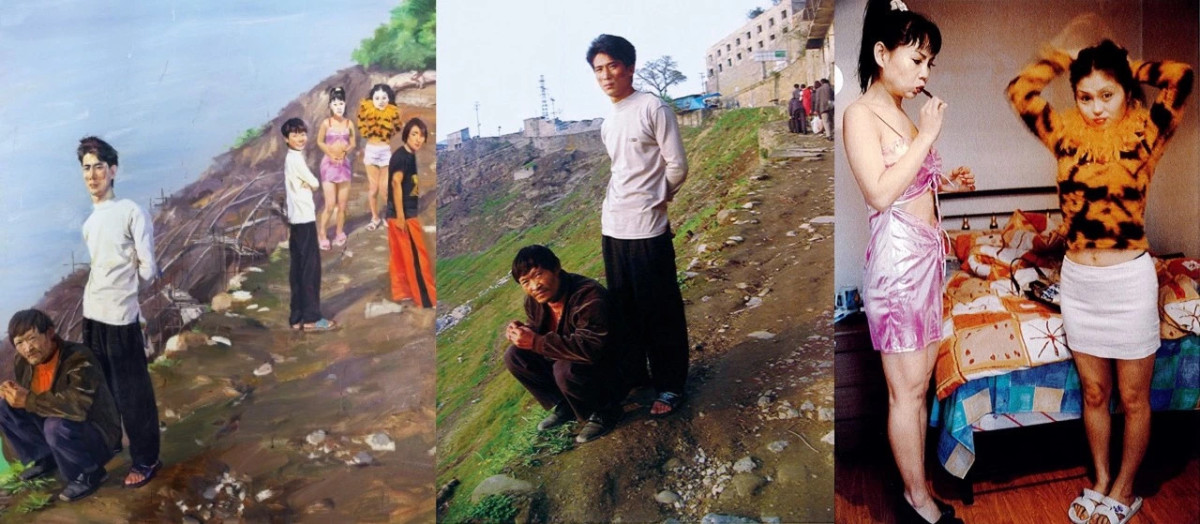 （左）《三峡新移民》细节；（中）两个当地青年男子，刘小东摄；（右）两个女子摄于北京某寓所，刘小东摄